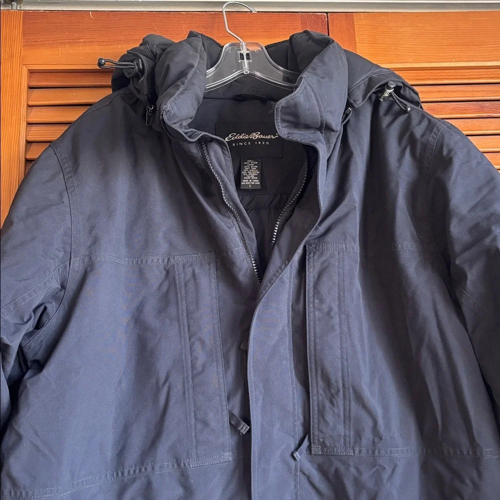 Eddie Bouer Men's Black‎ Removable Hoodie Goose Down Winter Coat Jacket Size L